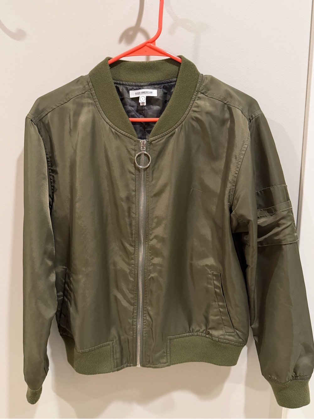 Good American Hunter Green Olive Bomber Jacket Camo Lined Size 1